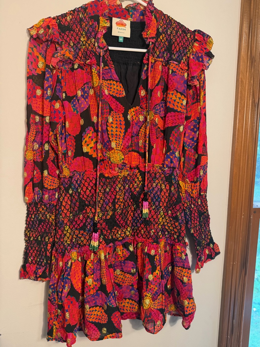 FARM Rio Black Heart Daisy Smocked Mini Dress Size XS
